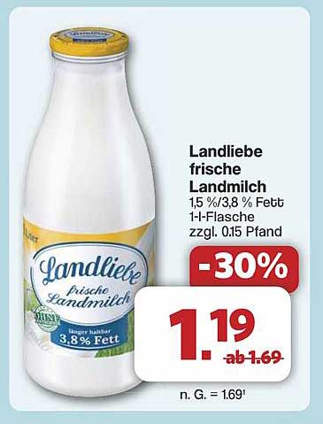 Landliebe frische Landmilch 1,5 %/3,8 % Fett 1-l-Flasche