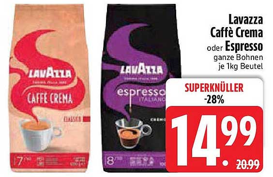 Lavazza Caffè Crema oder Espresso ganze Bohnen je 1kg Beutel - Superknüller!