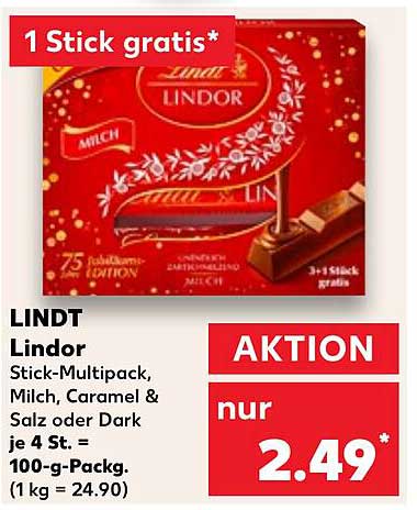 LINDT Lindor Stick-Multipack, Milch, Caramel & Salz oder Dark je 4 St.