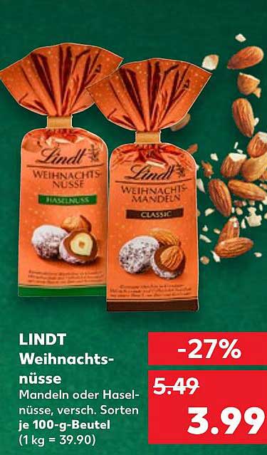 LINDT Weihnachtsnüsse - Haselnüsse oder Mandeln, 100-g-Beutel