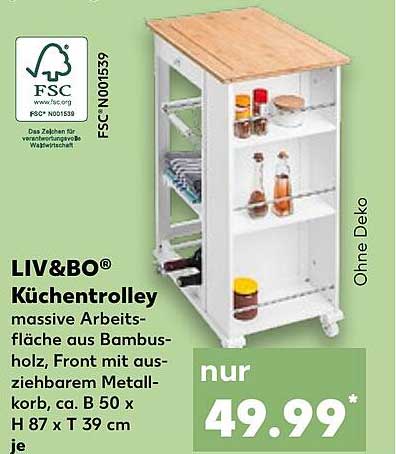 LIV&BO® Küchentrolley mit massiver Arbeitsfläche aus Bambusholz
