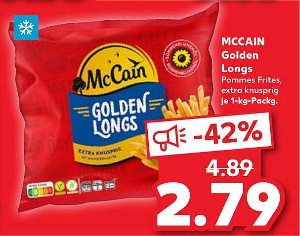 MCCAIN Golden Longs Pommes Frites, extra knusprig je 1-kg-Pack.