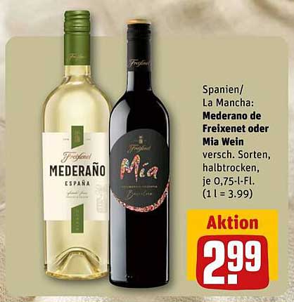 Mederaño de Freixenet oder Mia Wein – verschiedene Sorten, 0,75 l für nur 2,99 €