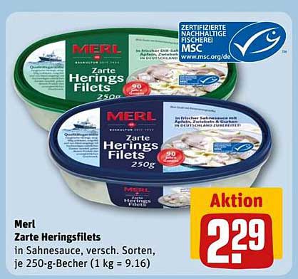 Merl Zarte Heringsfilets in Sahnesauce, verschiedene Sorten, 250 g
