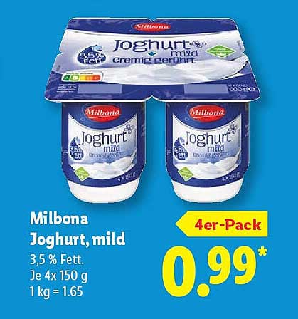 Milbona Joghurt, mild 4er-Pack