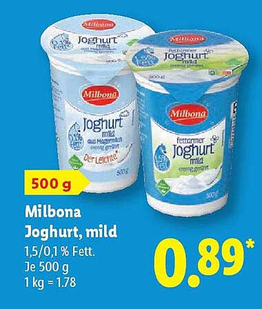 Milbona Joghurt, mild 500 g für nur 0,89 €