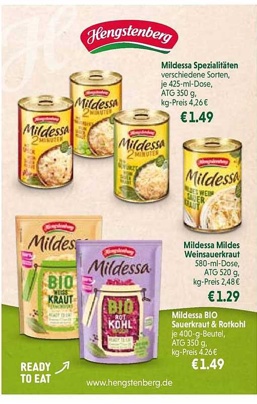Mildessa Spezialitäten verschiedene Sorten, je 425-ml-Dose, ATG 350 g und Mildessa Mildes Weinsauerkraut, 580-ml-Dose, ATG 520 g