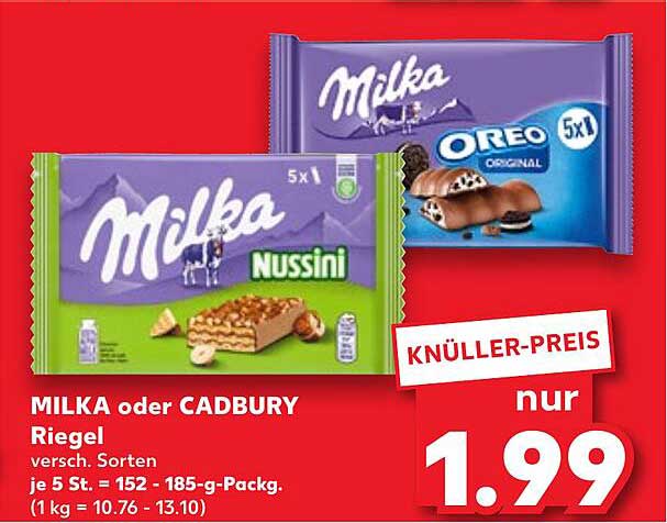 MILKA oder CADBURY Riegel - verschiedene Sorten