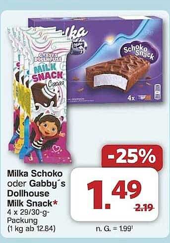 Milka Schoko oder Gabby's Dollhouse Milk Snack 4 x 29/30-g