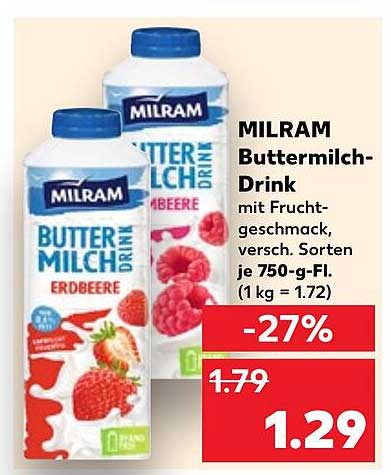 MILRAM Buttermilch-Drink mit Fruchtgeschmack, verschiedene Sorten, je 750-g-Fl.