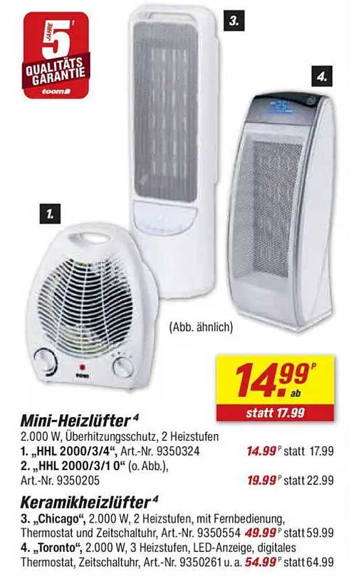 Mini-Heizlüfter 2.000 W mit Überhitzungsschutz und 2 Heizstufen