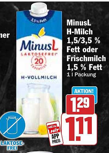 MinusL H-Milch 1,5/3,5 % Fett oder Frischmilch 1,5 % Fett 1 l Packung