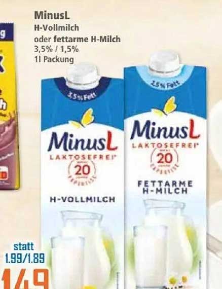 MinusL H-Vollmilch oder fettarme H-Milch, 1l Verpackung