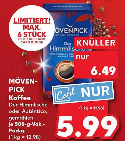 Mövenpick Kaffee Der Himmlische oder Auténtico, gemahlen je 500-g-Vak.-Pack.