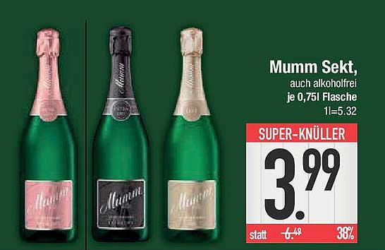 Mumm Sekt, auch alkoholfrei je 0,75l Flasche