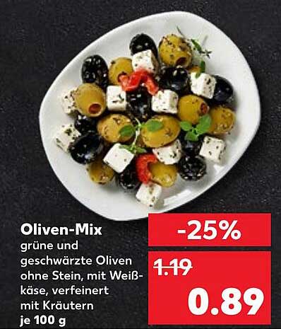Oliven-Mix - grüne und geschwärzte Oliven ohne Stein mit Weißkäse, verfeinert mit Kräutern