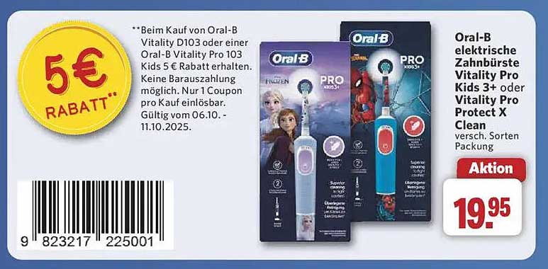 Oral-B elektrische Zahnbürste Vitality Pro Kids 3+ oder Vitality Pro Protect X Clean