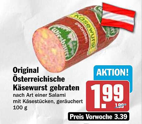 Original Österreichische Käsewurst gebraten nach Art einer Salami mit Käsetücken, geräuchert 100 g