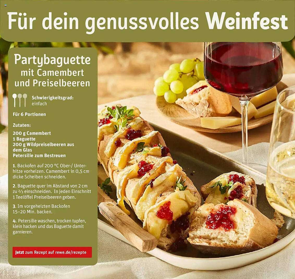 Partybaguette mit Camembert und Preiselbeeren