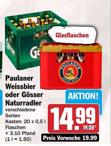 Paulaner Weissbier oder Gösser Naturradler – Kasten 20 x 0,5 l Flaschen
