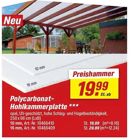 Polycarbonat-Hohlkammerplatte - opal, UV-geschützt, hohe Schlag- und Hagelbeständigkeit