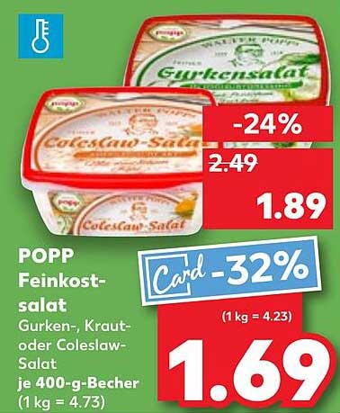 POPP Feinkost-Salat: Gurken-, Kraut- oder Coleslaw-Salat je 400-g-Becher