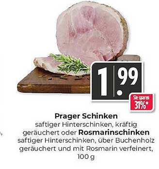 Prager Schinken - saftiger Hintersschinken, kräftig geräuchert oder Rosmarinschinken, 100 g