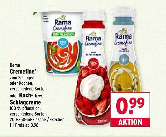 Rama Cremefine Schlagcreme 100 % pflanzlich, verschiedene Sorten, 200-250-ml-Flasche - Aktionspreis 0,99 €
