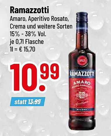 Ramazzotti Amaro, Aperitivo Rosato, Crema und weitere Sorten 0,7 l Flasche