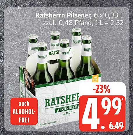 Ratsherrn Pilsener, 6 x 0,33 L, auch alkoholfrei