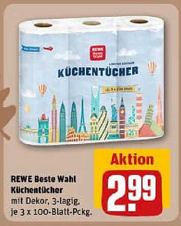 REWE Beste Wahl Küchentücher, 3-lagig, je 3 x 100-Blatt-Packung