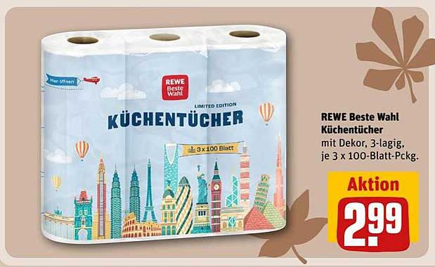 REWE Beste Wahl Küchentücher, 3-lagig, je 3 x 100-Blatt-Pckg.