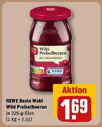 REWE Beste Wahl Wild Preiselbeeren je 225-g-Glas (1 kg = 7,51)