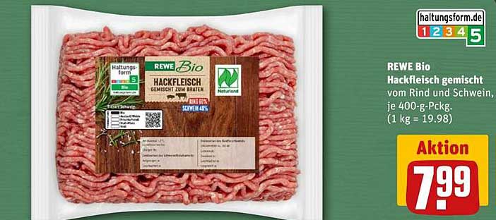 REWE Bio Hackfleisch gemischt vom Rind und Schwein, je 400-g-Pckg.