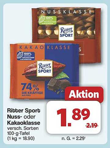 Ritter Sport Nuss- oder Kakao-Klasse 100-g-Tafel