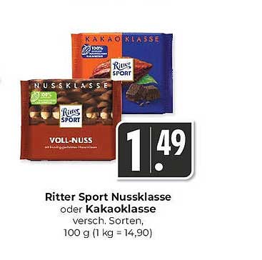 Ritter Sport Nussklasse oder Kakaoklasse, 100 g für 1,49 €