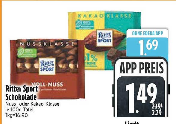 Ritter Sport Schokolade Nuss- oder Kakao-Klasse je 100g Tafel
