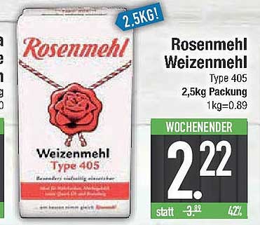 Rosenmehl Weizenmehl Type 405, 2,5kg Packung