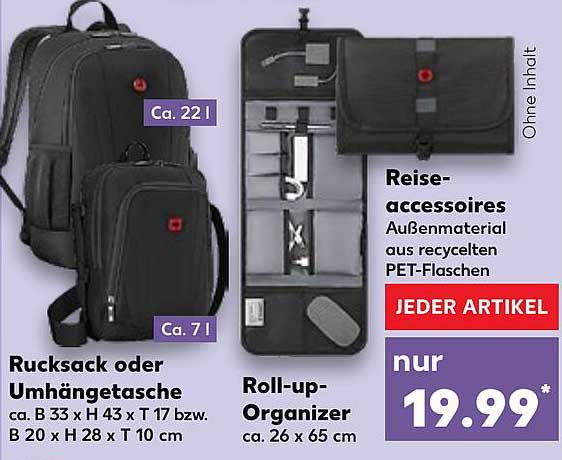 Rucksack oder Umhängetasche und Roll-up-Organizer