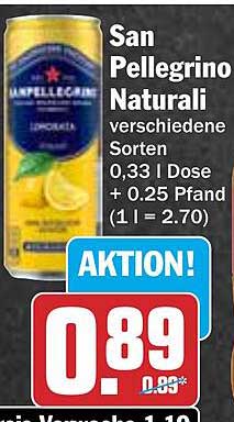 San Pellegrino Natural verschiedene Sorten 0,33 l Dose + 0,25 Pfand (1 l = 2,70)