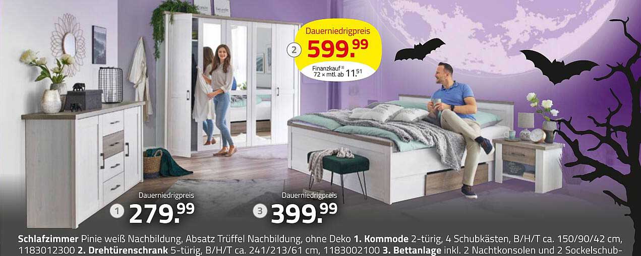 Schlafzimmer Pinie weiß Nachbildung, Absatz Trüffel Nachbildung, 2-türiger Kleiderschrank und Bettanlag