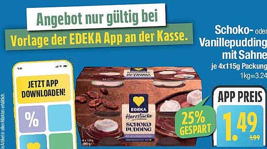 Schoko- oder Vanillepudding mit Sahne je 4x115g Packung