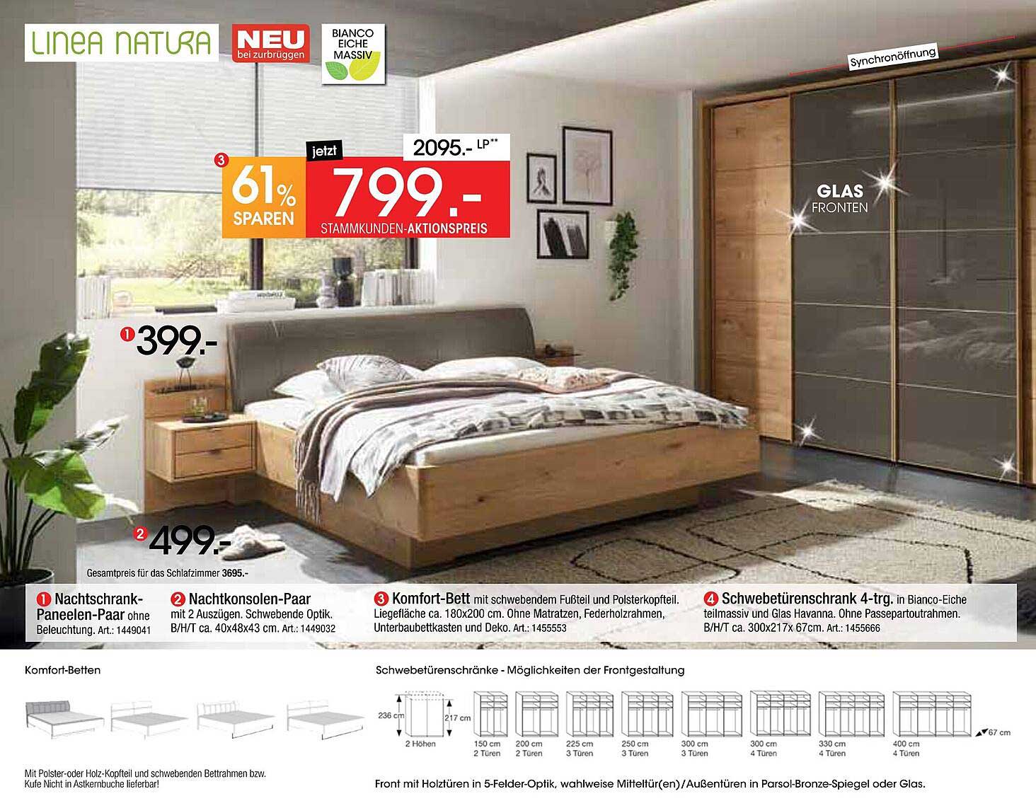 Schwebetüren-Schrank 4-trg. in Bianco-Eiche massiv