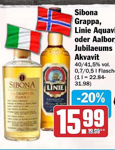 Sibona Grappa, Linie Aquavit oder Aalborg Jubilaeums Akvavit -20%