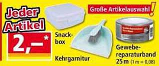 Snackbox, Kehrgarnitur und Gewebereparaturband – Jeder Artikel nur 2,-!