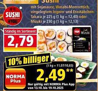 Sushi mit Sojasauce und Wasabi-Meerrettich – 10% günstiger!