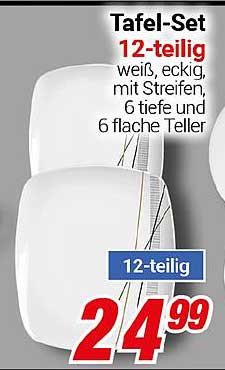 Tafel-Set 12-teilig, weiß, eckig, mit Streifen, 6 tiefe und 6 flache Teller