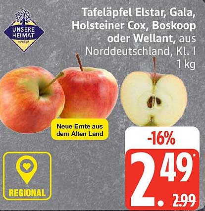 Tafeläpfel Elstar, Gala, Holsteiner Cox, Boskoop oder Wellant, aus Norddeutschland, Kl. I, 1 kg