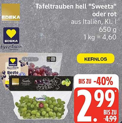 Tafeltrauben hell "Sweeta" oder rot aus Italien, KL. I, 650 g