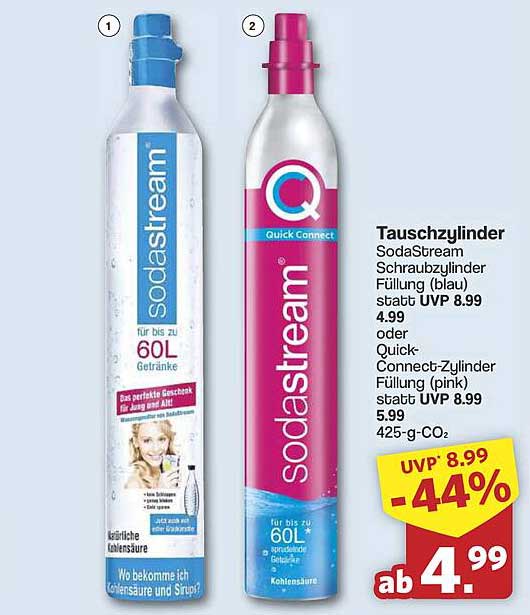 Tauschzylinder SodaStream Schraubzylinder Füllung (blau) oder Quick-Connect-Zylinder Füllung (pink)
